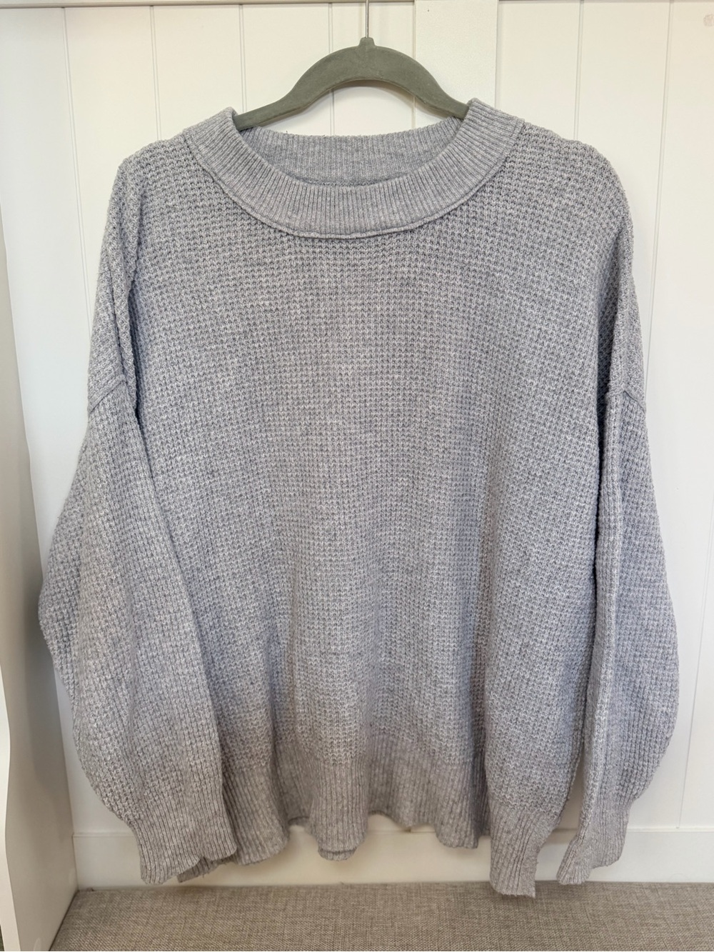 aerie Light Gray Waffle Knit Oversized Crewneck Sweater
